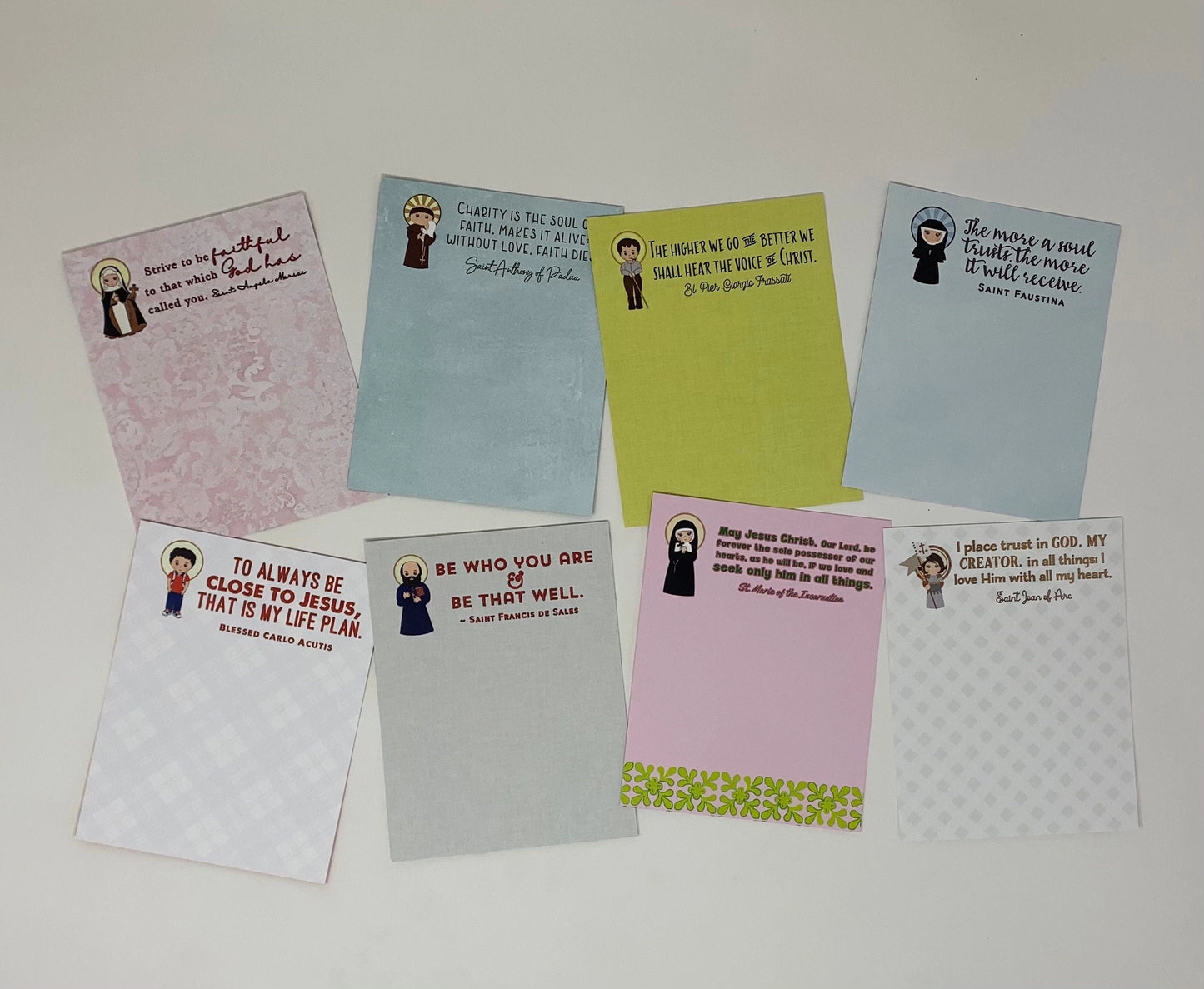 Set of 8 Assorted Saint Note Cards with Stickers and Envelopes. 8 Flat Saint Card Set