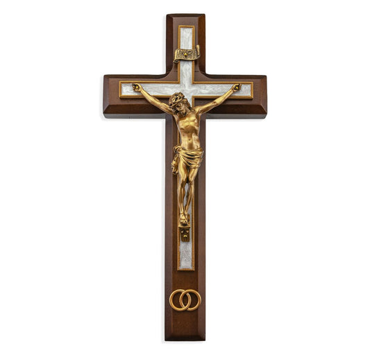 10" Walnut Wood Wedding Crucifix- Gold 29