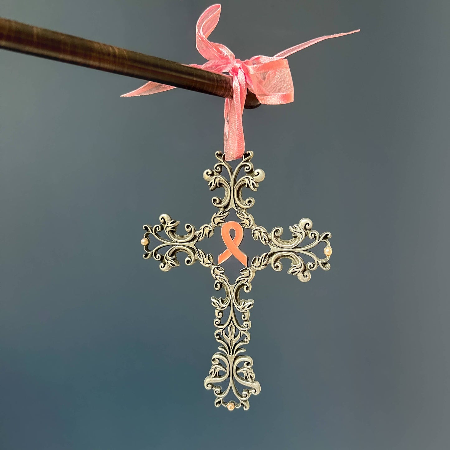 Pink Ribbon Filigree Hanging Cross