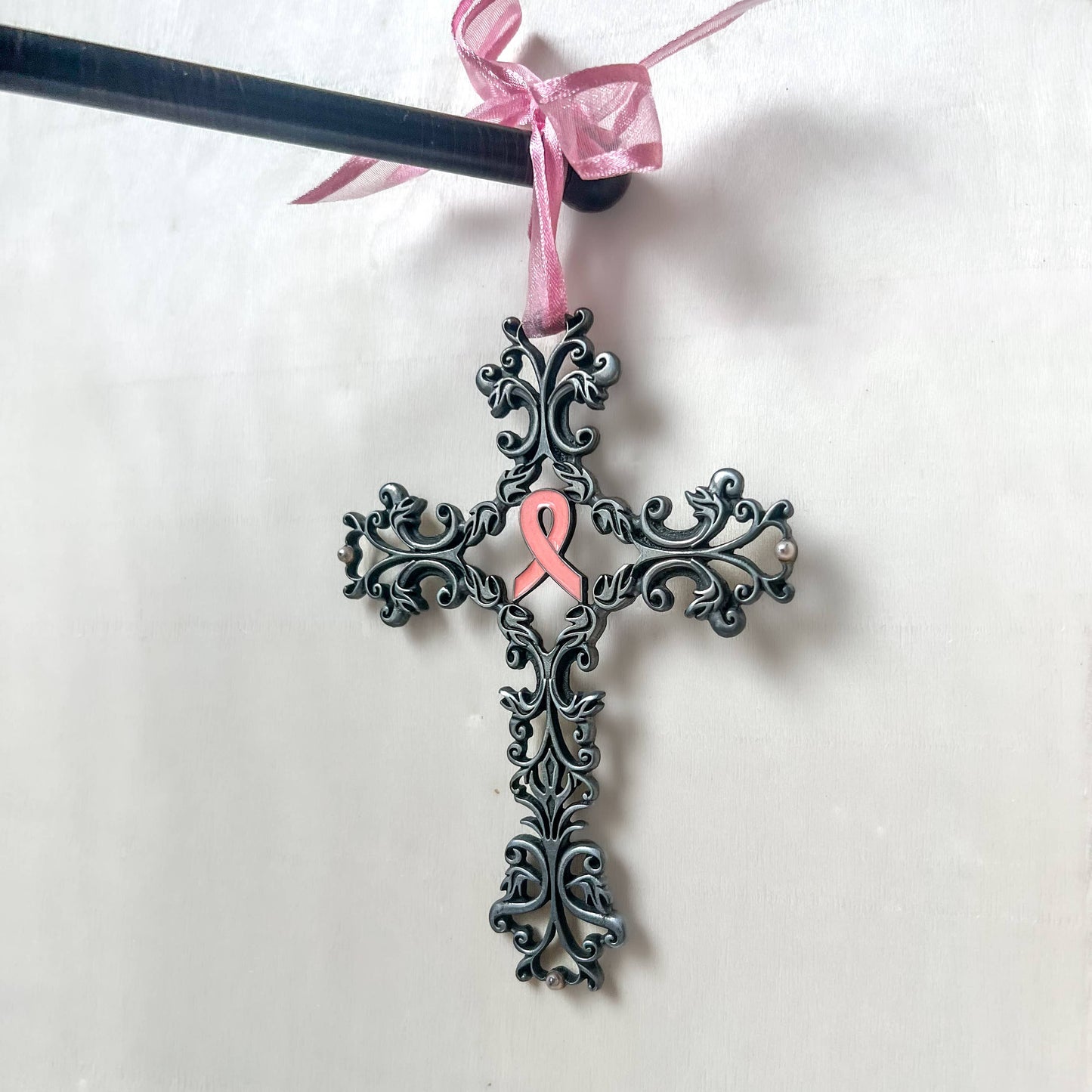 Pink Ribbon Filigree Hanging Cross