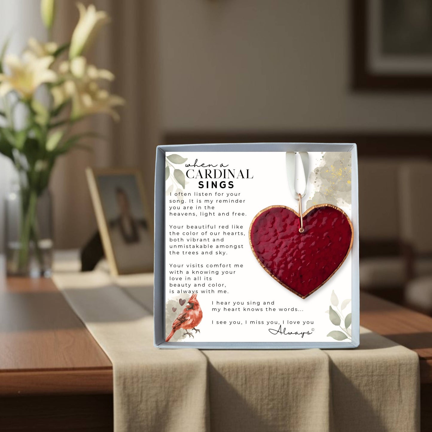 When A Cardinal Sings Memorial Stained Red Glass Heart