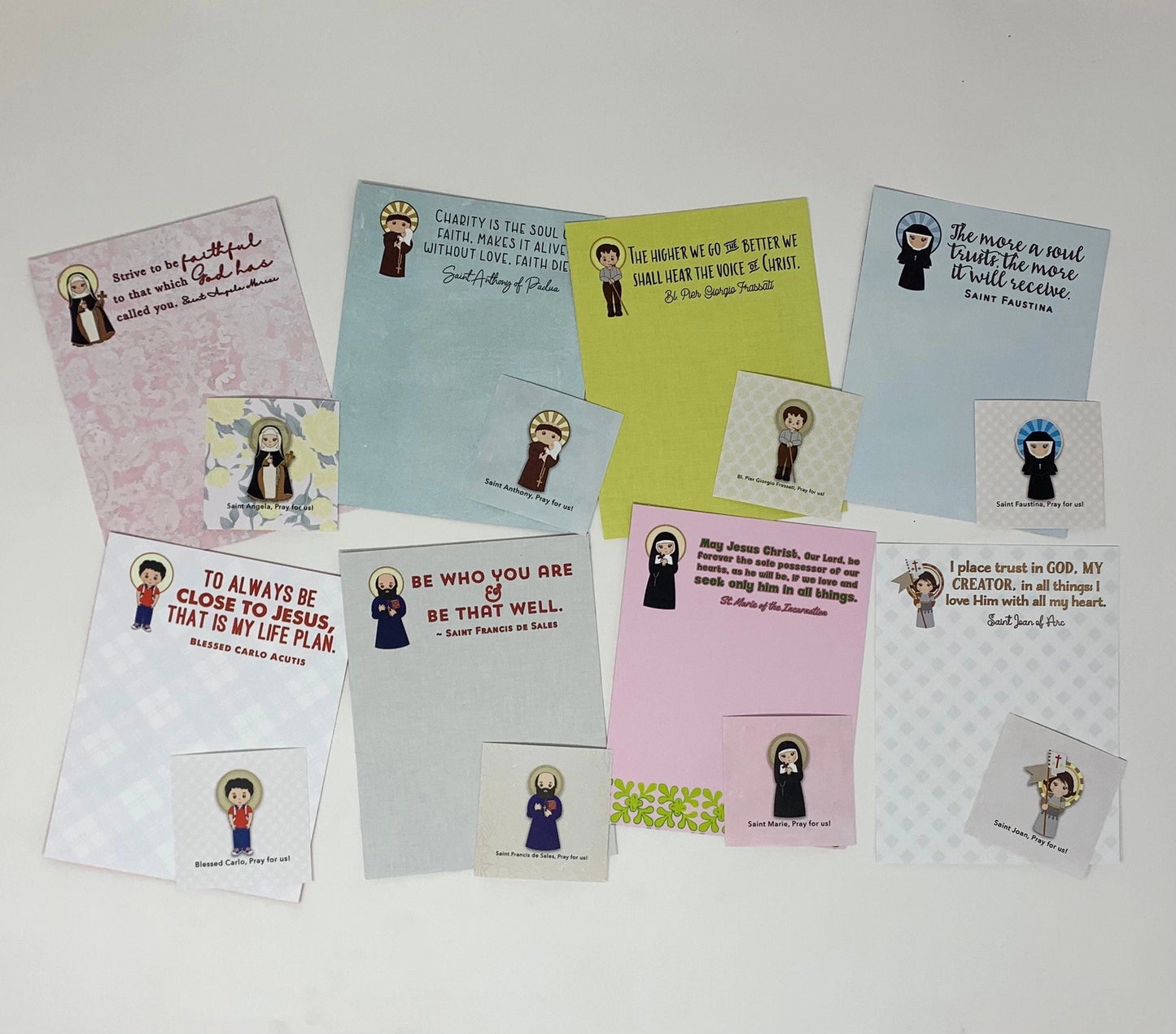 Set of 8 Assorted Saint Note Cards with Stickers and Envelopes. 8 Flat Saint Card Set