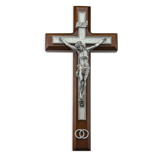 10" Walnut Wood Wedding Crucifix- Silver 30