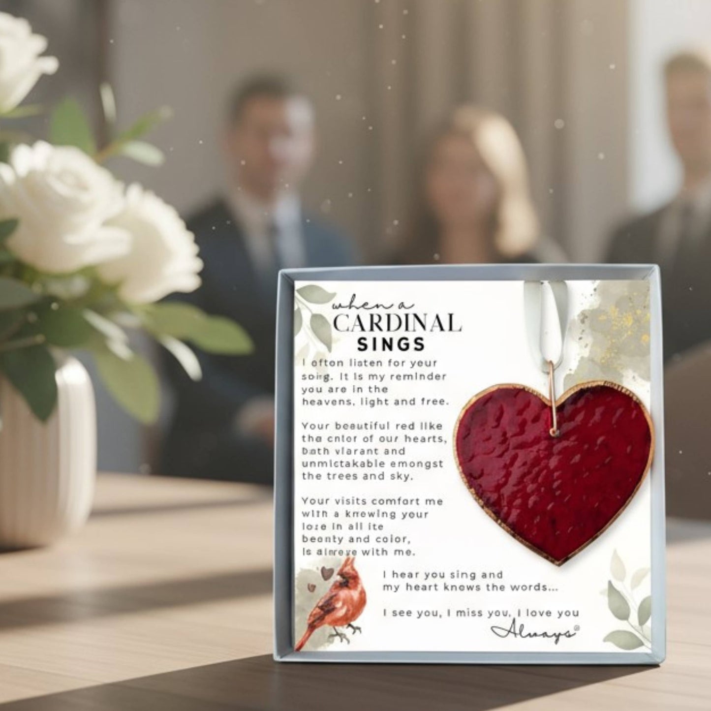 When A Cardinal Sings Memorial Stained Red Glass Heart